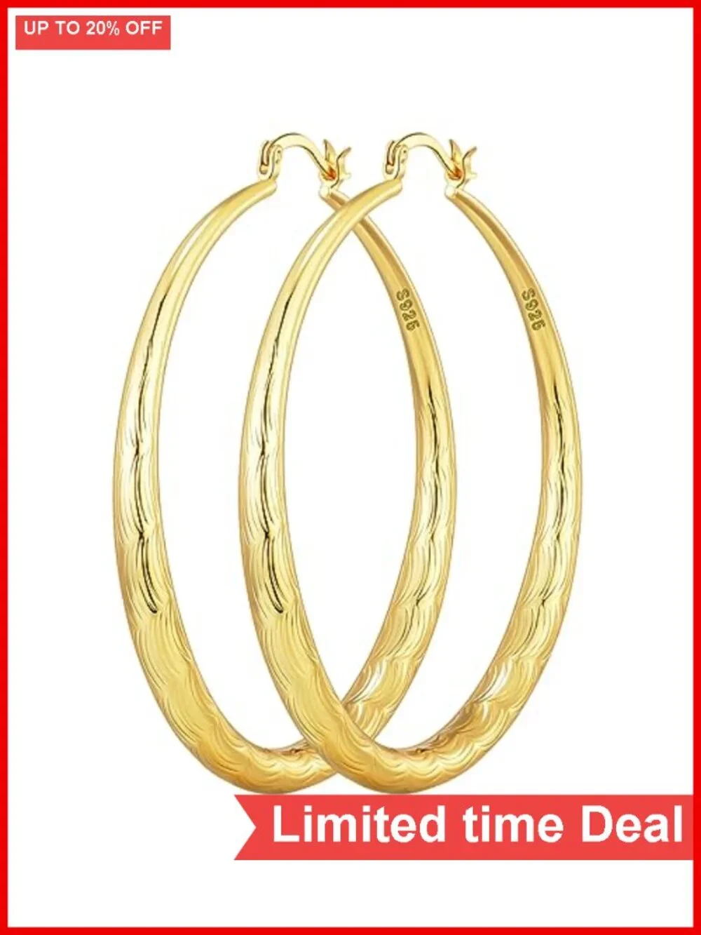Sterling Silver Diamond-Cut Gold Hoop Earrings Hypoallergenic Ripple Design